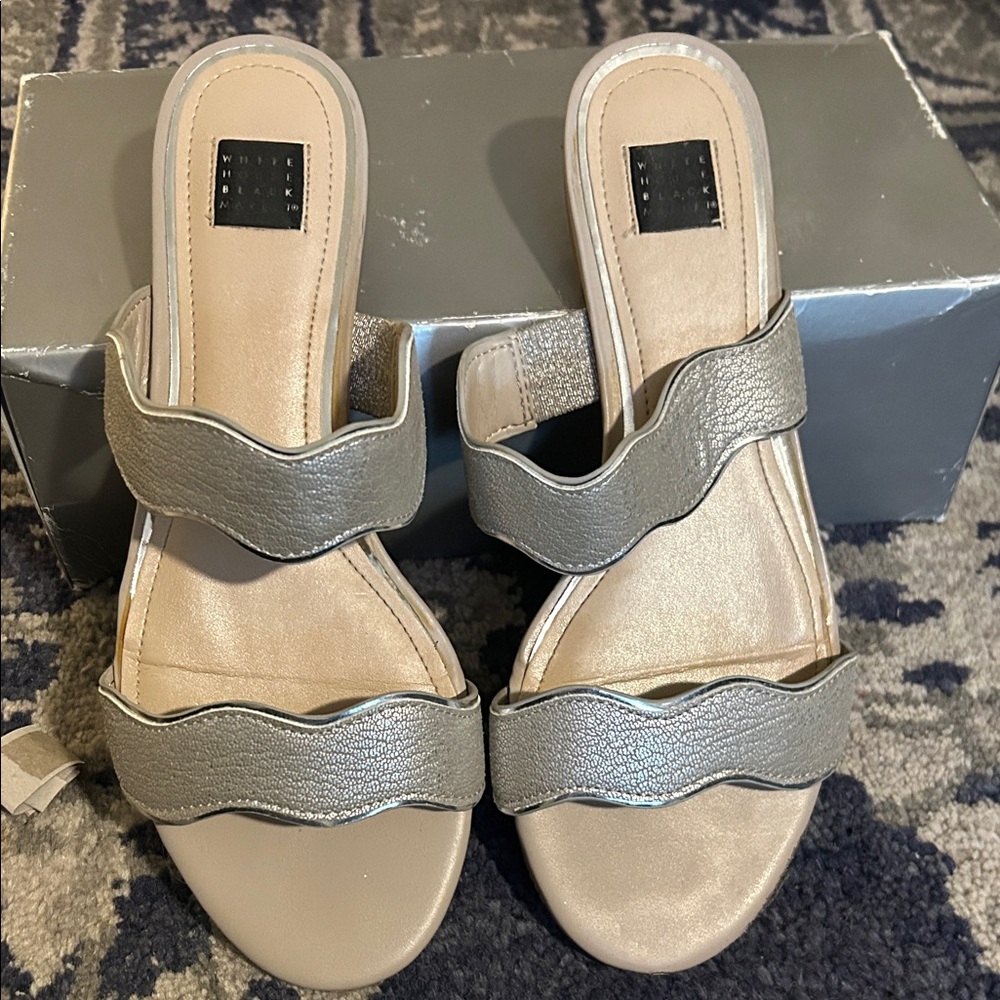 White House Black Market Metallic Silver Wedge Slide Mules